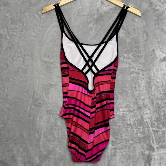 Speedo Swimsuit Womens 6 Pink Black Striped Strappy Back One Piece Swimwear - Picture 2 of 7